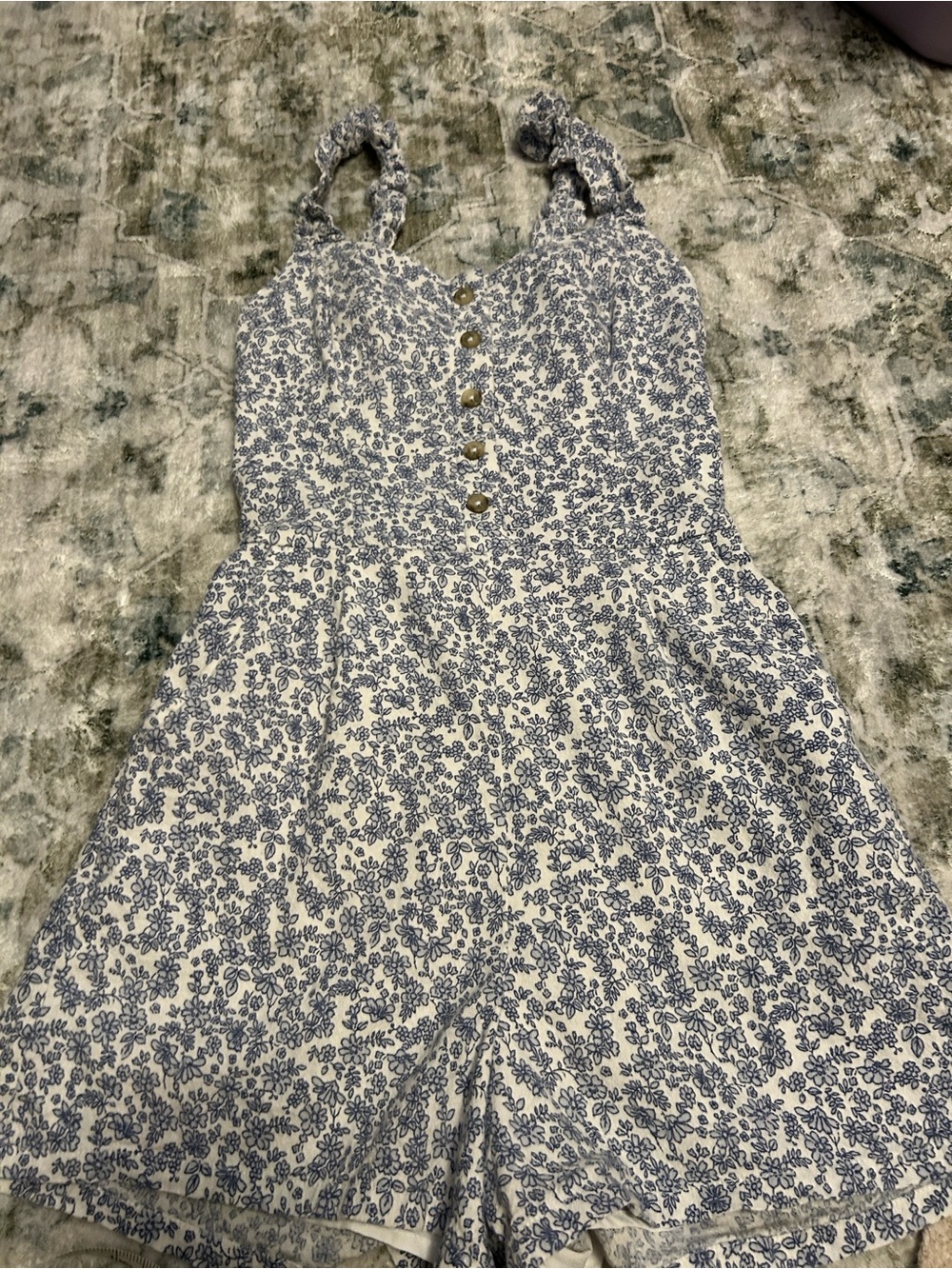 Hollister XS Blue & White Floral Romper | Linen Blend Button Front Summer - Picture 6 of 10